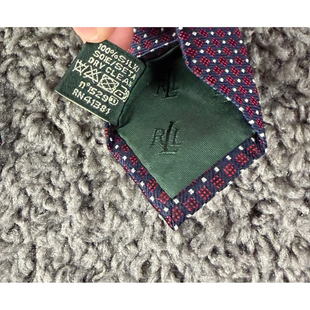 Lauren Ralph Lauren Mens Silk Tie Navy Blue Red Geometric Micro Dot Silk Necktie